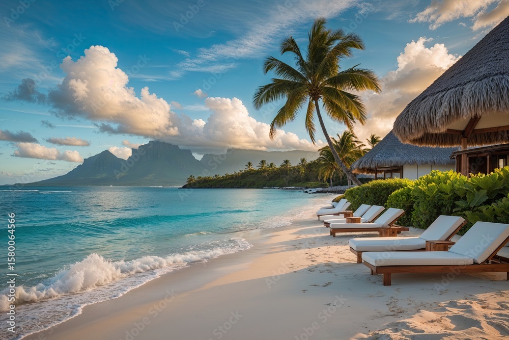 Obraz premium Luxurious Tahiti Beach Retreat with Pristine Sands and Serene Skies