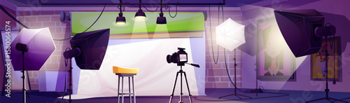 Cartoon photo studio interior - professional setup with white backdrop, yellow stool, camera on tripod, softbox lights and umbrella reflectors. Workspace for photography or video production.