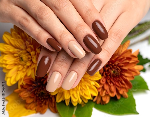 Close-up of manicured hands with autumnal colors