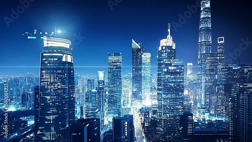 Futuristic city skyline at night with illuminated skyscrapers and vibrant city life in the background