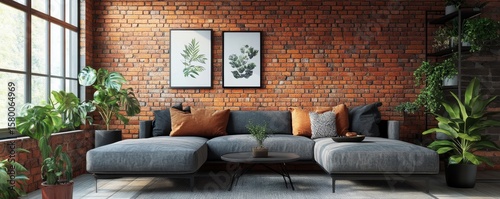 Interior design of a modern living room with a beige sofa over a mock-up wall for a contemporary and customizable design, Generative AI