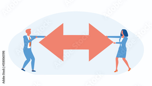 Man and woman pulling opposite sides of a large arrow in a tug of war style competition image