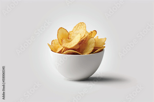 A side view of a snack bowl of savoury potato chips party food, crispy nibbles isolated against a transparent background	
