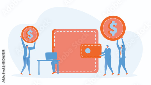 People holding dollar coins around a wallet and a laptop on a desk in a light background