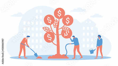 People tending to a money tree with dollar signs as leaves in front of buildings illustration