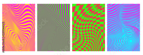 Abstract wave patterns with optical illusions - color neon psychedelic stripes with hypnotic distortion effects, checkered tunnel perspective for retro poster designs, trippy bg or graphics elements.
