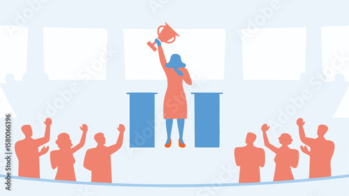 A woman on a podium holding a trophy with an audience cheering her on in front of a white background