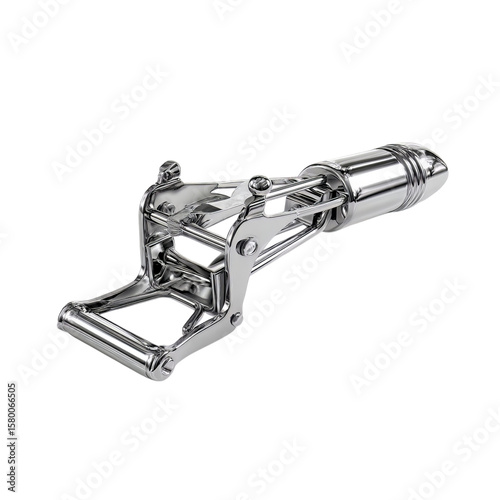 Chrome plated mechanical contraption showcases intricate details against a stark background, perfect for engineering illustrations or technical diagrams, rendering a modern aesthetic, transparent back