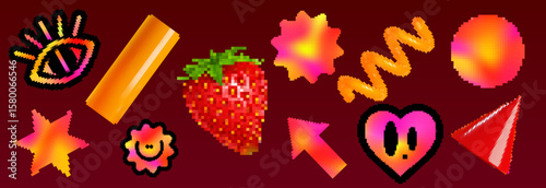 Vibrant y2k brutalism set with pixel art strawberry, neon gradient shapes of star and arrow, heart face and eye on dark red backdrop. Digital nostalgia retro gaming aesthetics for cyber poster layout