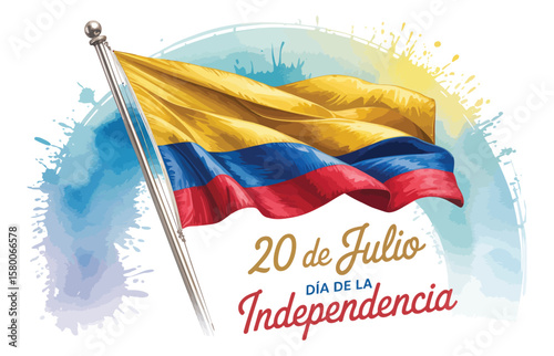 colombia independence day poster with waving national flag, watercolor splash background, and july 20 tribute in spanish text