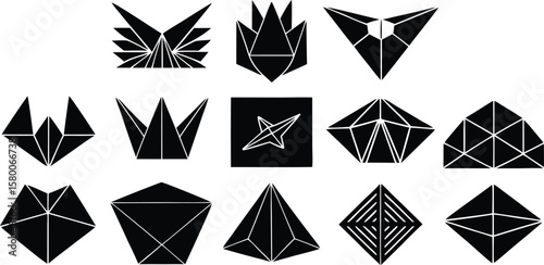 Vector art of a collection of diverse geometric abstract shapes and origamiinspired designs.