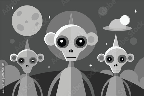 Three Grey Alien Monkeys on a Distant Planet