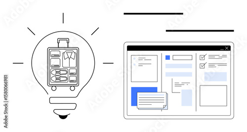 Lightbulb with organized suitcase inside and digital interface showcasing tasks and notes. Ideal for travel planning, innovation, organization, multitasking, productivity, creativity, efficient