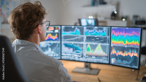 Data scientist analyzing peak energy and power usage on multiple computer screens in modern office