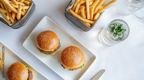 Gourmet mini burgers and fries on white table