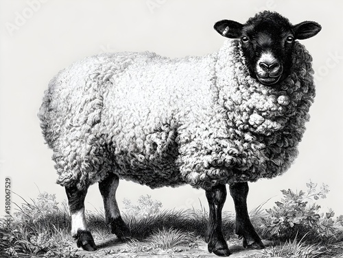 Detailed monochrome vintage illustration of a fluffy Suffolk sheep standing in a field with vegetation.