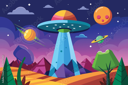 Alien Spaceship Landing on a Colorful Planet