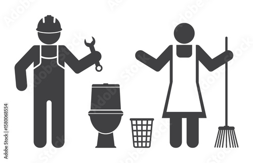 plumber repairman repair toilet and cleaning lady with mop icon