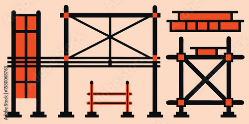 Vector art of various construction scaffolding elements and components arranged for industrial building.