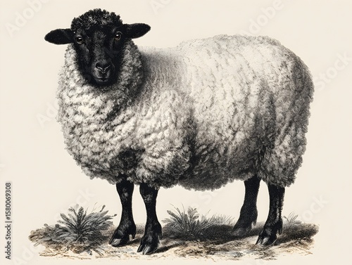 Wallpaper Mural Antique illustration of a Suffolk sheep with thick wool coat standing on a patch of grass in an old image. Torontodigital.ca
