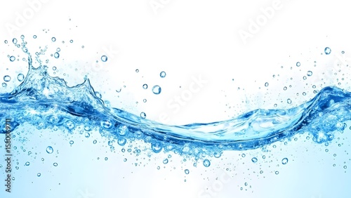 Floating blue bubbles and sparkling fizz creating a lively border in a 3D water design.

