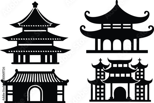 Vector art of collection of black silhouette icons representing traditional asian temples and pagodas.