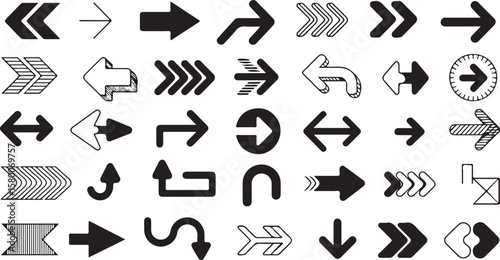 Black vector arrow icons set: web, direction, and play symbols