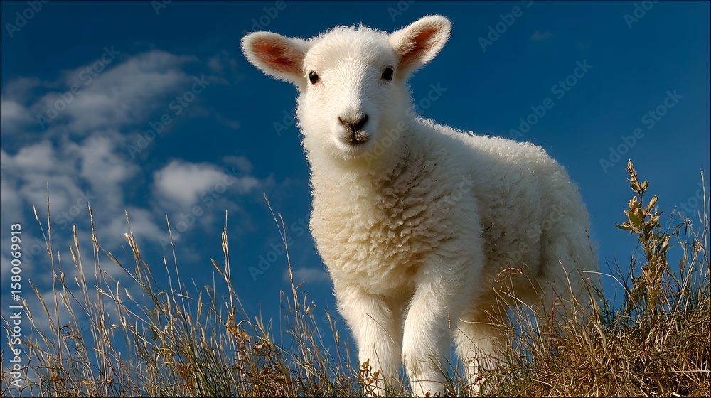 Fototapeta premium A fluffy white lamb stands confidently on a grassy hill beneath a beautiful blue sky with scattered clouds.