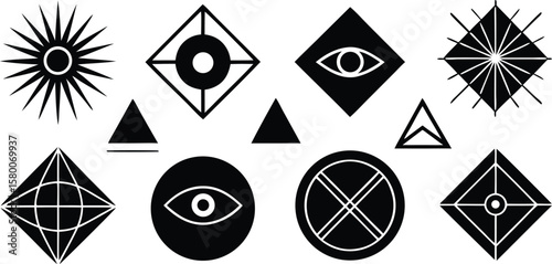 Vector art of a collection of black geometric symbols and icons on a white background.