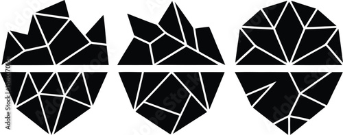 Vector art of three geometric abstract icebergs with reflections, isolated on a white background.