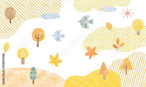 秋の紅葉と小鳥のいる風景イラスト