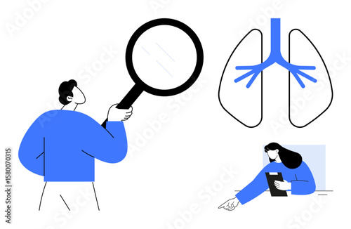 Person holding a magnifying glass, lung diagram, and medical professional writing notes. Ideal for medicine, healthcare, research, diagnosis, lungs health, medical studies simple landing page