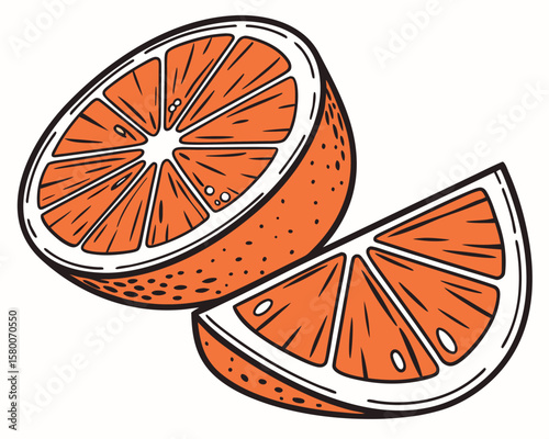 Vector art of a vibrant illustration of a halved orange and a slice of orange