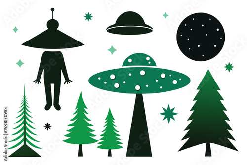 Alien Observing Christmas Trees and UFO in Winter Forest