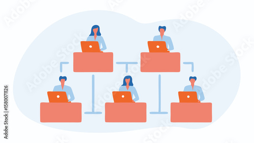 Illustration of a hierarchical team structure with people working on laptops at desks connected by lines
