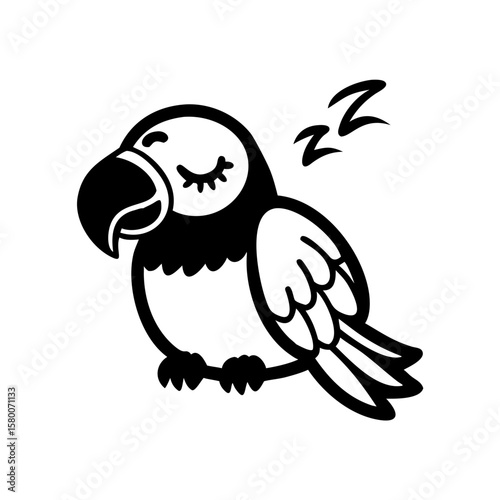 Black and white cartoon illustration of a sleeping parrot with closed eyes