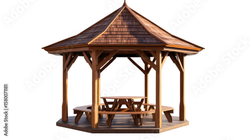 Wooden Pavilion with Roof and Built-in Seating for Outdoor Gatherings in Natural Surroundings