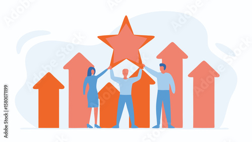 Teamwork success illustration with people holding a star above rising arrows, symbolizing growth and achievement