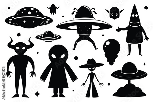 Collection of Black Silhouettes of Aliens and UFOs