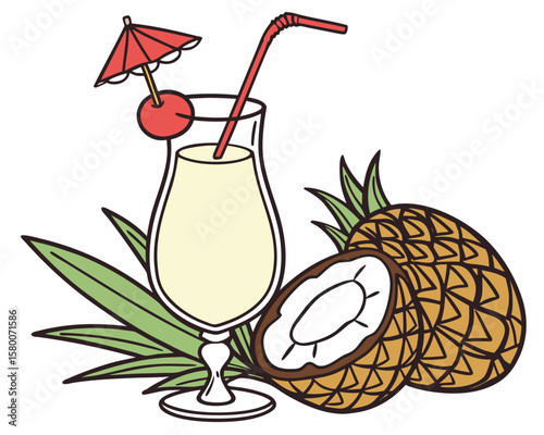 Vector art of a refreshing tropical cocktail with pineapple and coconut, garnished with an umbrella