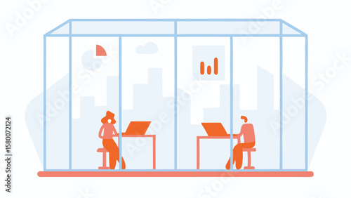 Illustration of two people working in glass office with laptop and data charts on wall 100 char