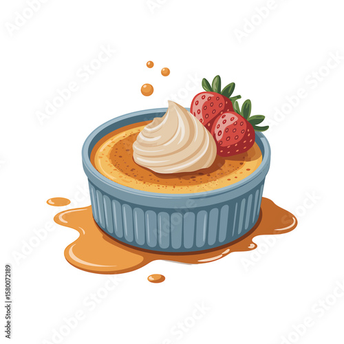 Crème Brûlée with Sauce Splash creative isometric illustration with layered dimension and depth cues