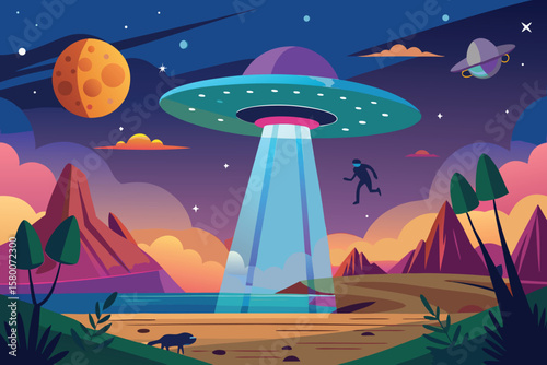 Alien Spaceship Landing on a Colorful Planet