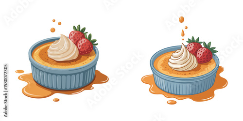 Crème Brûlée with Sauce Splash creative isometric illustration with layered dimension and depth cues