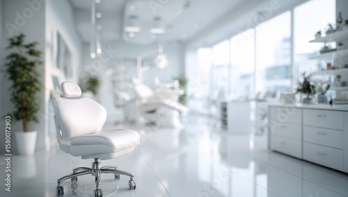 Modern, bright dental office with white furnishings