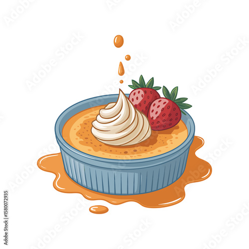 Crème Brûlée with Sauce Splash creative isometric illustration with layered dimension and depth cues