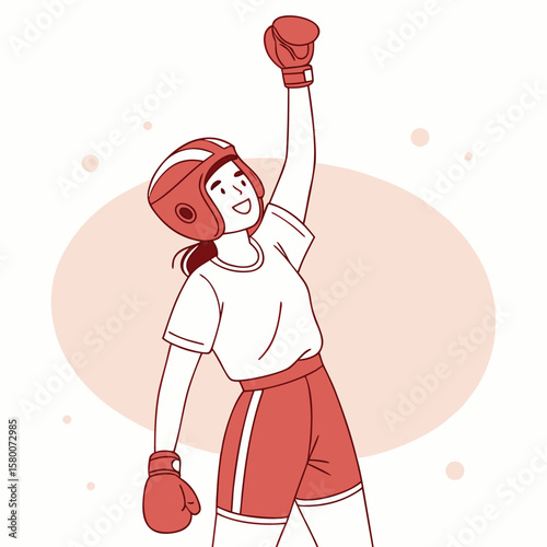 Vector art of a triumphant female boxer in red gear raises her fist in victory