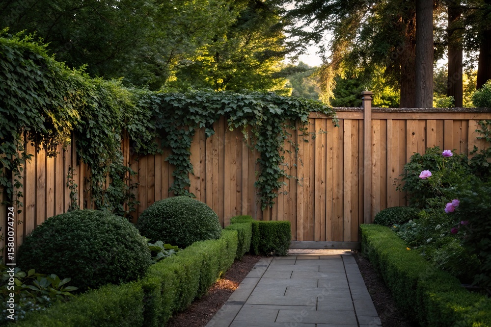 Obraz premium Serene garden pathway bordered by lush greenery and wooden fence under soft evening light