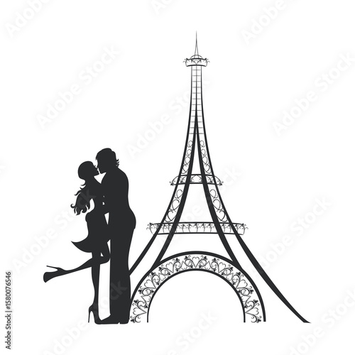 Romantic Couple Kisses Against the Eiffel Tower Silhouette