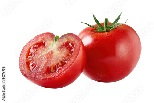 Fresh red tomatoes whole and sliced on transparent background